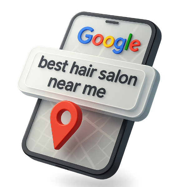 A smartphone showing a Google My Business search saying best hair salon near me